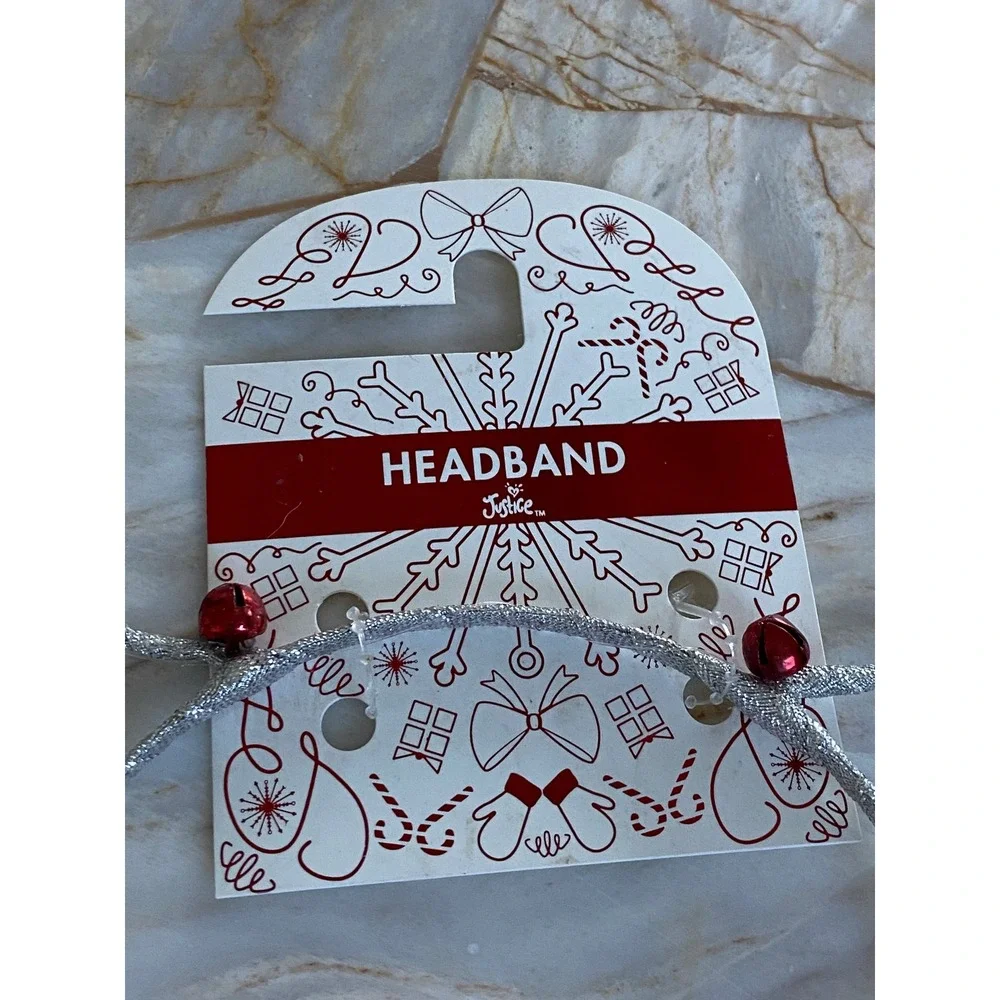 Justice Girls Silver Glitter Cat Ear Headband Red Green Holiday Jingle Bells NEW